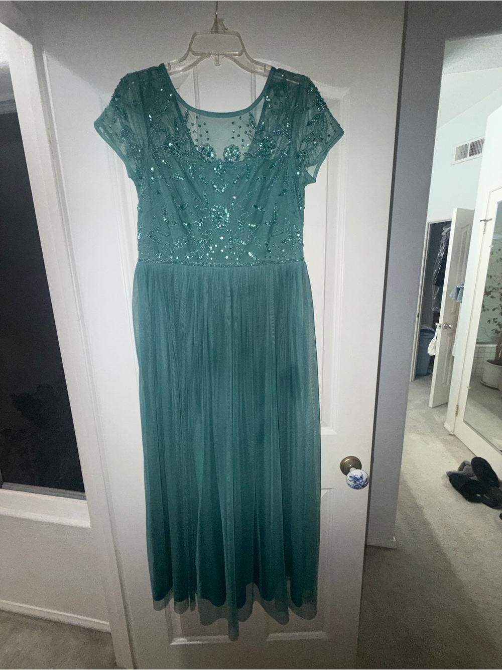 Adrianna Papell Teal Beaded Short-Sleeve Chiffon Maxi Dress